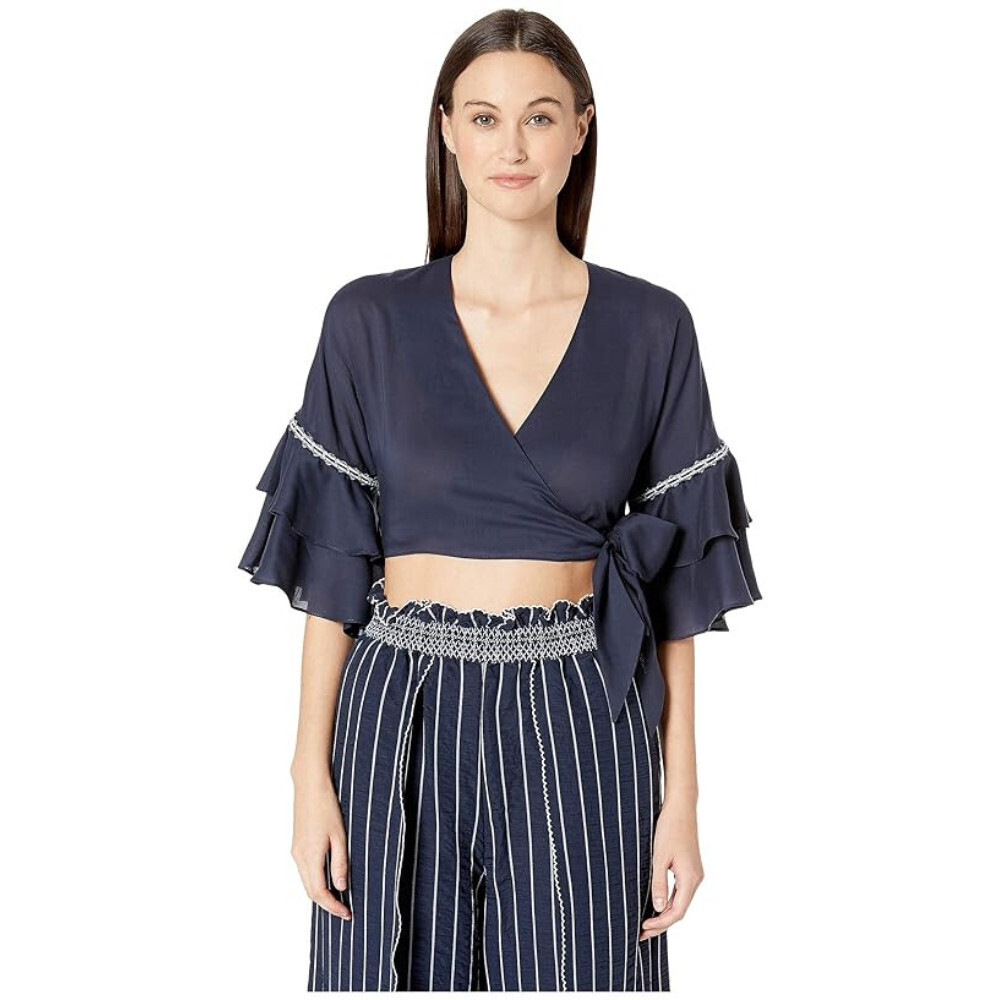 Jonathan Simkhai Hawaiian Sarong Wrap Top Women's M Navy Ruffle Cropped RED536